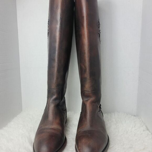 Frye Lindsay Womens Boots Size 8.5 Logo Embroidered Brown Riding Back Side Zip - Picture 5 of 11